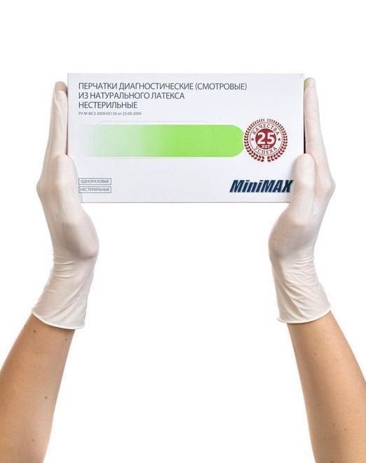 Перчатки латексные опудренные MiniMax размер L 50 пар (маркировка)